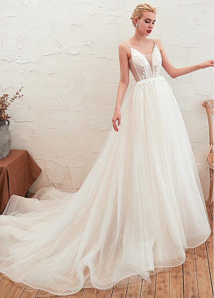 Spaghtetti Straps and Pleated Skirt Beach Wedding Dress