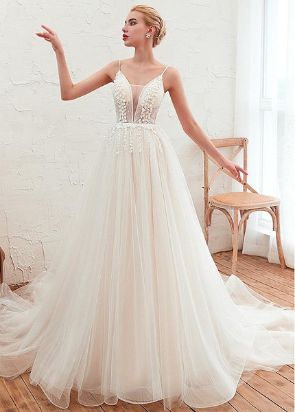 Spaghtetti Straps and Pleated Skirt Beach Wedding Dress