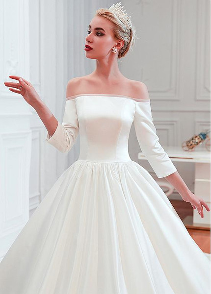 Shop Cheap 3/4 Sleeves Off-The-Shoulder Ball Gown Satin Wedding Dress