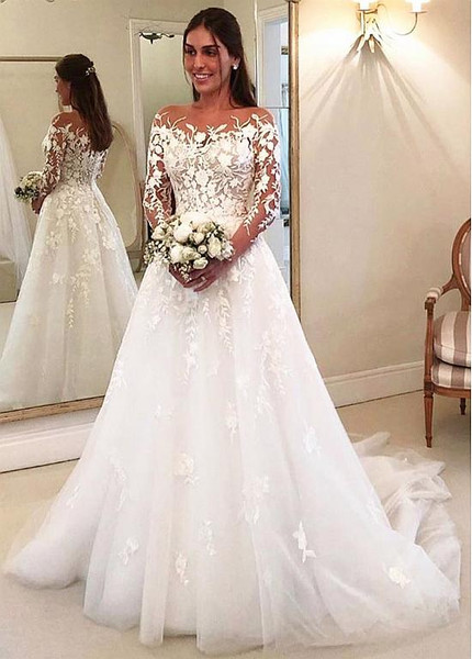 Shop Cheap  Tulle Jewel Long Sleeves A-line Wedding Dress With Lace Appliques