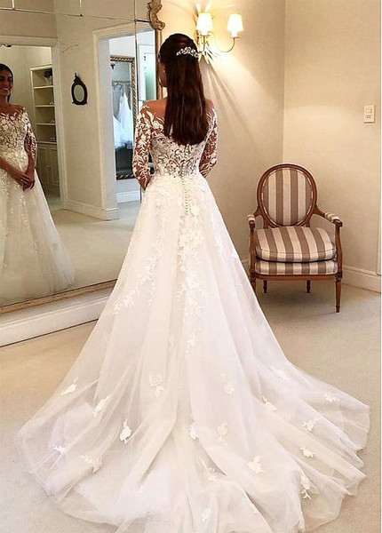 Shop Cheap  Tulle Jewel Long Sleeves A-line Wedding Dress With Lace Appliques