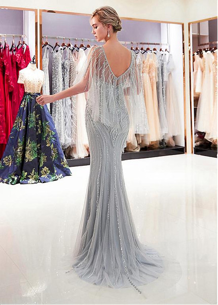 Tulle Jewel Neckline Silver Cap Sleeves Mermaid Formal Dress 