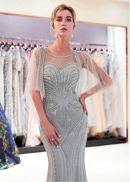 Tulle Jewel Neckline Silver Cap Sleeves Mermaid Formal Dress 