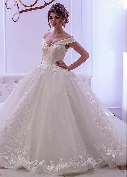 Shop Elegant Tulle Off-the-shoulder Long Sleeves Ball Gown Wedding Dresses With Rhinestones
