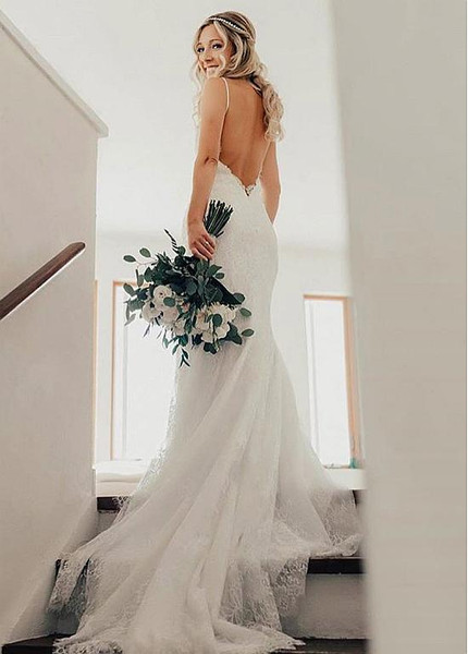 spaghetti strap backless wedding dress