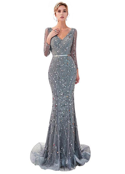 Tulle V-neck Beading Silver Long Sleeves Mermaid Formal Dress