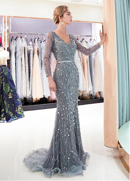 Tulle V-neck Beading Silver Long Sleeves Mermaid Formal Dress