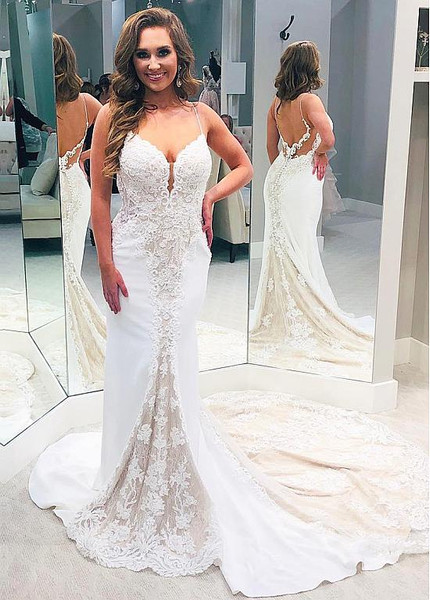 Cheap Shop Spaghetti Straps Lace Appliques Sheath/Column Wedding Dress