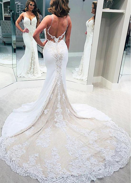 Cheap Shop Spaghetti Straps Lace Appliques Sheath/Column Wedding Dress