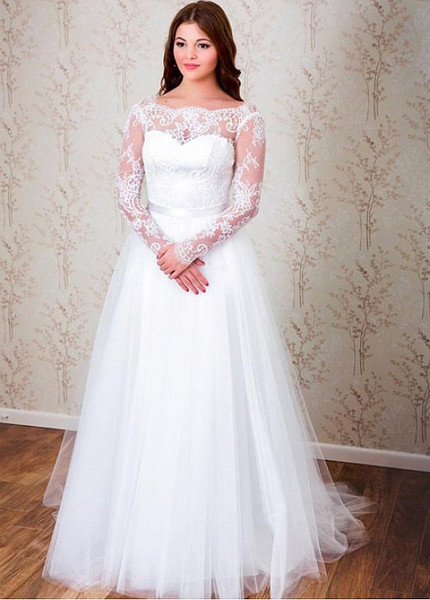 Shop Cheap Long Sleeve Tulle Bateau A-line Wedding Dress With Belt