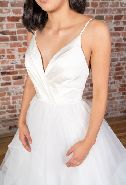 Shop Cheap A-line V-neck Straps White Satin Wedding Dress with Cascading Ruffles