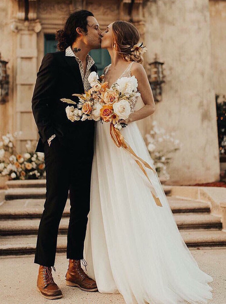 Shop Cheap A-Line V-Neck Backless Low Cut Tulle Wedding Dress with Pearls