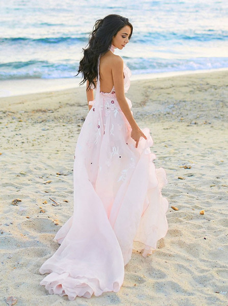Cheap Shop A-Line Halter Backless Pink Chiffon Wedding Dress with Ruffles Appliques Split