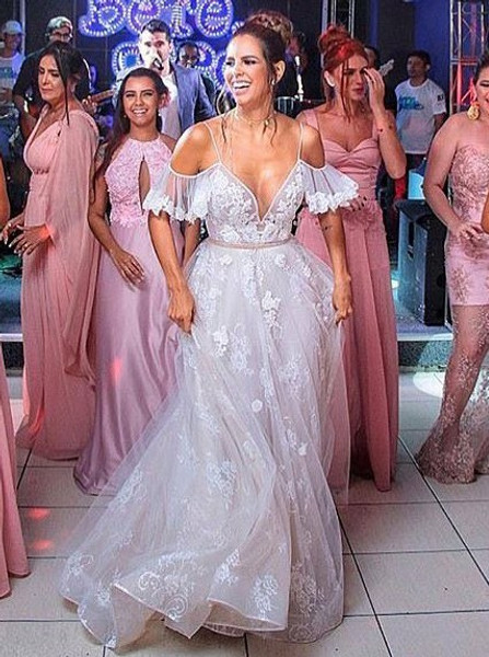 Shop Cheap A-Line Cold Shoulder Lace Wedding Dress with Ruffles Appliques