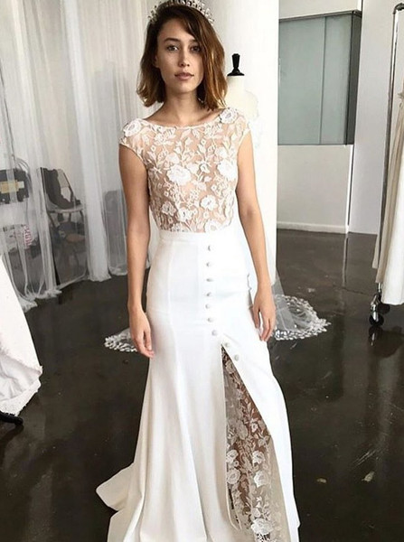 Shop Cheap Sheath Round Neck Sweep Train Lace Wedding Dress with Split