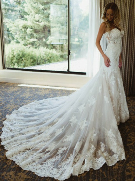 Shop Cheap Mermaid Sweetheart Court Train Wedding Dress with Lace Appliques