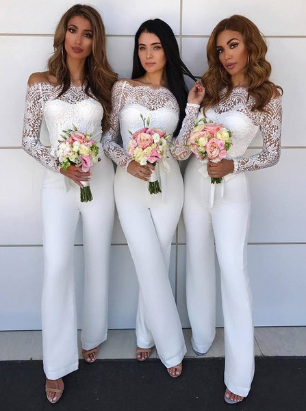 Off the Shoulder Lace Patchwork White Bridesmaid Jumpsuit