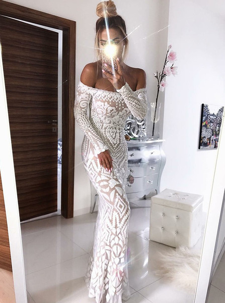 Shop Cheap Sheath Off-the-Shoulder Long Sleeveless Lace Wedding Dress