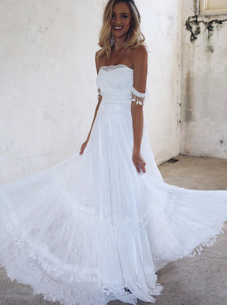 Shop Cheap A-Line Off-the-Shoulder Lace Beach Wedding Dress with Appliques