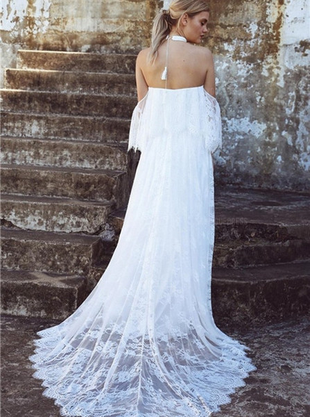 Shop Cheap A-Line Off-the-Shoulder Sweep Train Lace Beach Wedding Dress