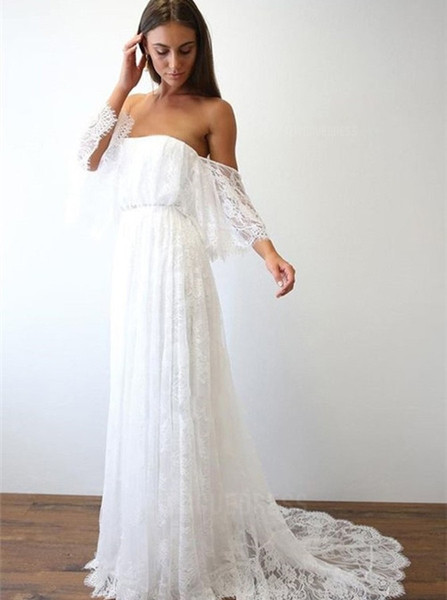 Shop Cheap A-Line Off-the-Shoulder Sweep Train Lace Beach Wedding Dress