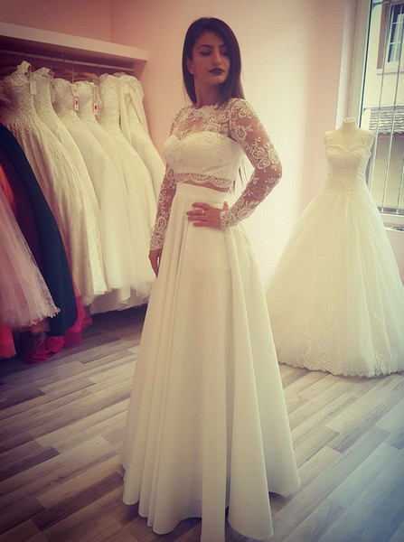 Shop Cheap Two Piece Bateau Long Sleeves Wedding Dress with Appliques Pockets