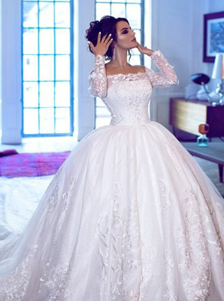 Shop Cheap Ball Gown Off-the-Shoulder Long Sleeves Wedding Dress with Appliques
