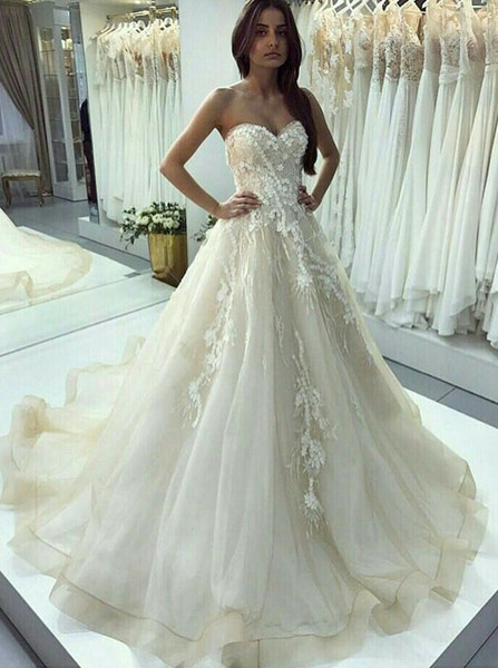 Shop Cheap A-Line Sweetheart Sweep Train Light Champagne Wedding Dress with Appliques