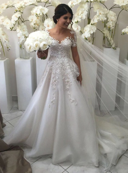 Cheap Shop A-Line V-Neck Short Sleeves  Wedding Dress with Appliques