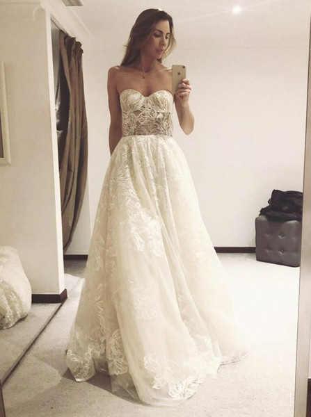 Shop Cheap A-Line Sweetheart Sleeveless Sweep Train Lace Wedding Dress