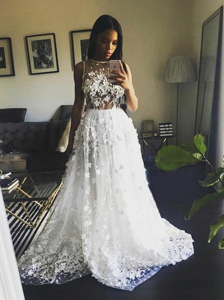 Shop Cheap Sweep Train Tulle A-Line Jewel Appliques Beach Wedding Dress