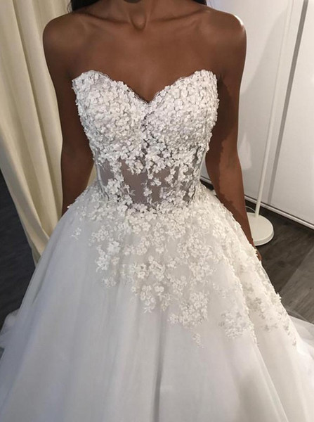 Shop Cheap Romantic A-Line Sweetheart Sweep Train Tulle Appliques Wedding Dress