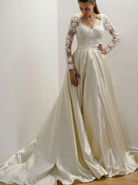 Shop Cheap Long Sleeves A-Line Square Neck Court Train Satin Wedding Dress with Appliques