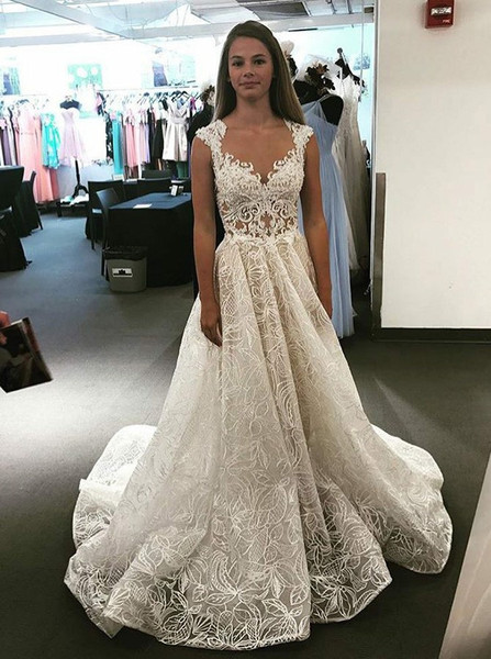 Sweep Train Lace A-Line Scoop Wedding Dress with Appliques