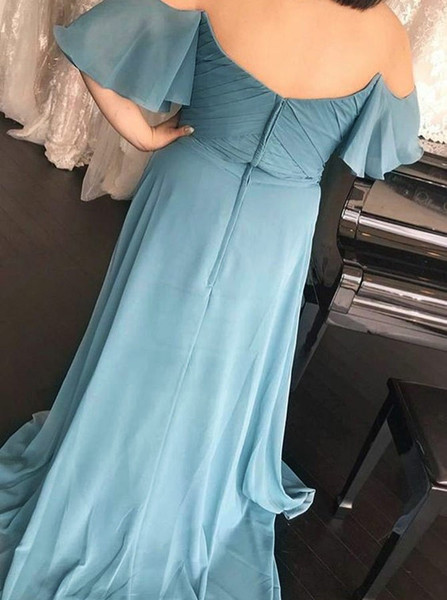Ruffles Long Off-the-Should Ruched Blue Chiffon Bridesmaid Dress