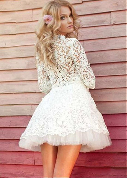 Shop Cheap White Beading Lace Jewel Long Sleeves Short A-line Homecoming Dress
