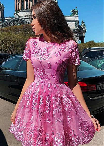 Shop Cheap Tulle Jewel Pink Lace Appliques Short A-line Homecoming Dress