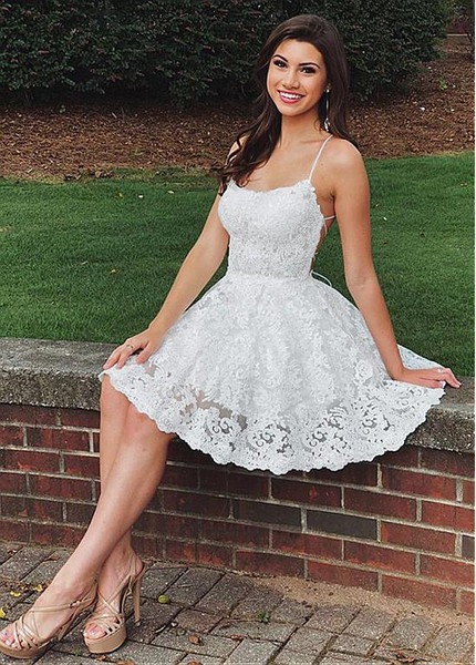 Shop Cheap Tulle Spaghetti Straps White Lace Short A-line Homecoming Dress