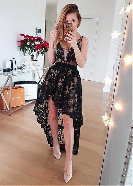 Shop Cheap Black Lace V-neck Appliques Hi-lo A-line Homecoming Dress