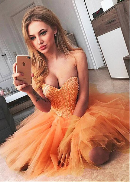 Shop Cheap Orange Beading Tulle Sweetheart  Short A-line Homecoming Dress