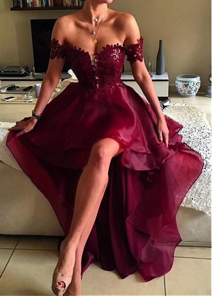 Shop Cheap Appliques Organza Off-the-shoulder Wine Red Hi-lo A-line Prom Dress