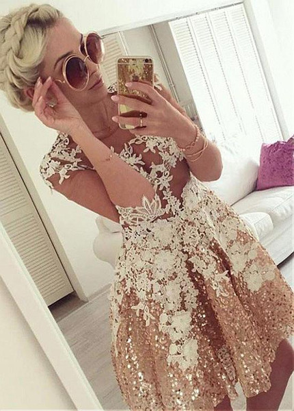 Shop Cheap Sequin Lace Jewel Champagne Half Sleeves Short A-line Homecoming Dress 