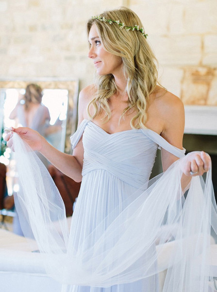  Off-the-Shoulder Long Light Blue Chiffon Bridesmaid Dress