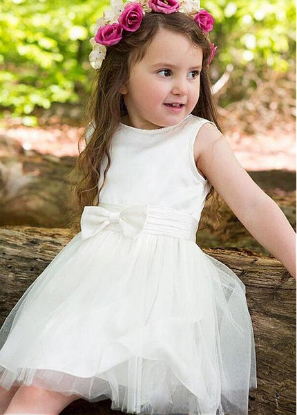 Shop Cheap Tulle & Satin Jewel White A-line Flower Girl Dresses With Bowknot