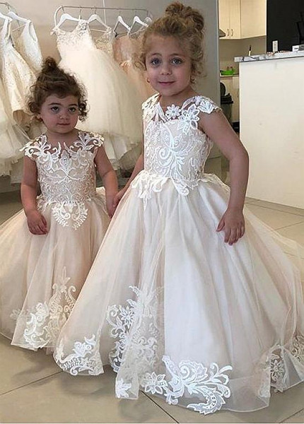 Shop Cheap Tulle Jewel White Ball Gown Flower Girl Dress With Lace Appliques