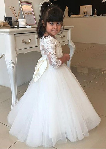 Shop Cheap Tulle Jewel Long Sleeves Ball Gown Flower Girl Dress With Lace Appliques & Bowknot