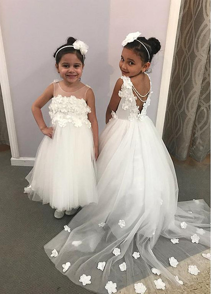 Shop Cheap Tulle Jewel White A-line Flower Girl Dresses With Beaded Handmade Flowers 