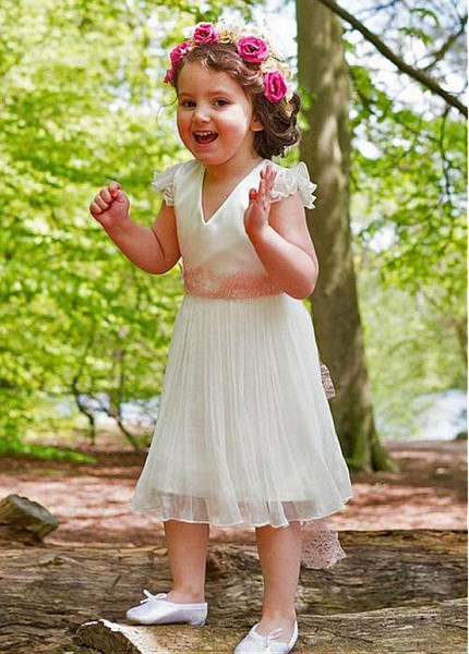 Shop Cheap Chiffon V-neck White Tea-length A-line Flower Girl Dresses With Belt