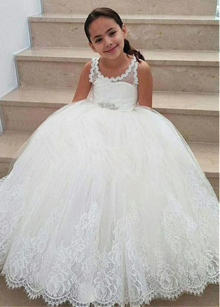 Shop Cheap Beading Lace Up Lace Jewel White Ball Gown Flower Girl Dress