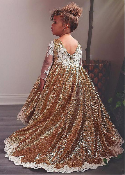 Shop Cheap Long Sleeves Sequin Lace Bateau Gold Floor-length Ball Gown Flower Girl Dress